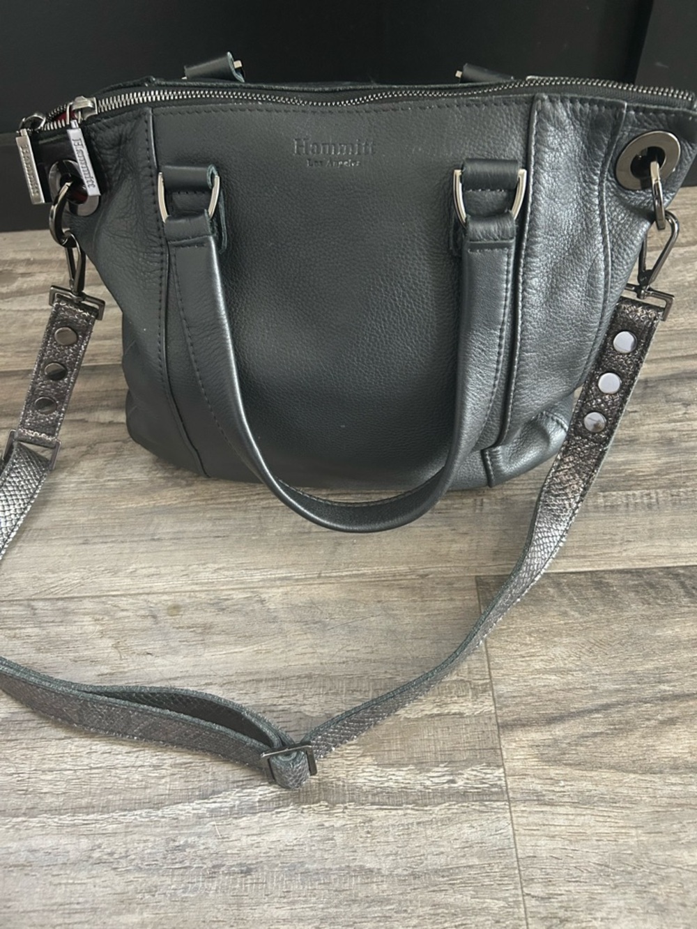 Hammitt Black Leather Shoulder Bag with Metallic Strap